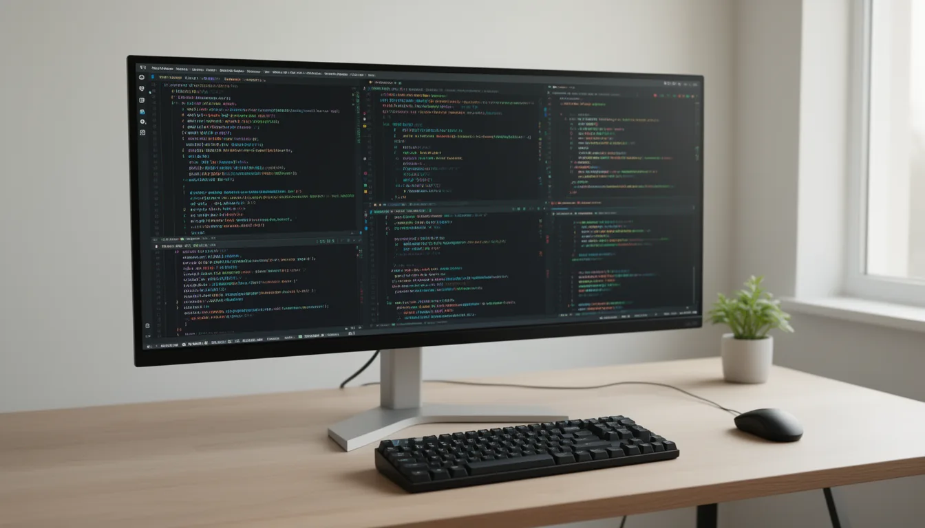 An ultrawide monitor on a clean desk displaying colourful code across multiple editor panes