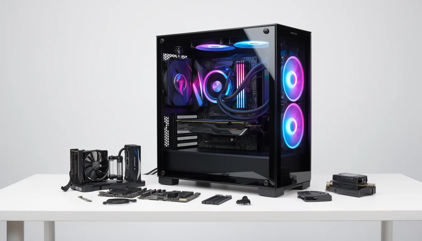 A high-end gaming PC with a glass side panel and glowing RGB fans on a clean desk, with PC components laid out beside it