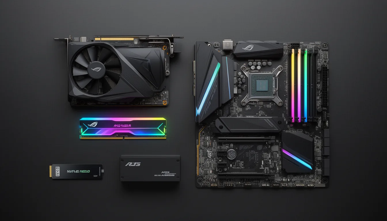 A gaming PC build's core components laid out on a desk - graphics card, motherboard, CPU cooler, RAM and NVMe SSD - ready to assemble a build under $1,500