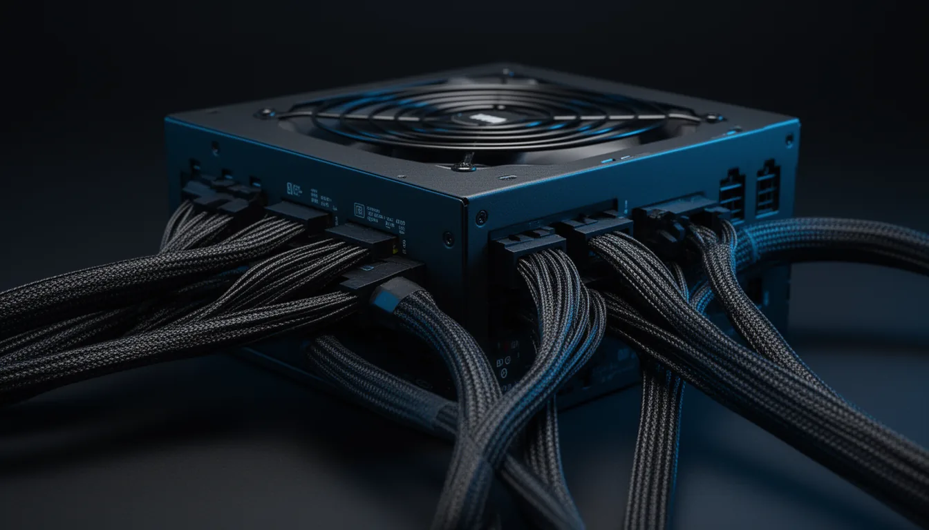 A close-up of a modular ATX power supply with braided cables on a dark background