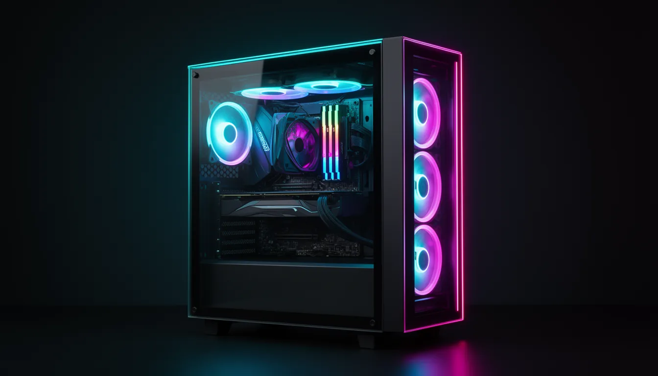 A premium PC case with a glass side panel showing glowing RGB fans, a graphics card and RGB RAM inside